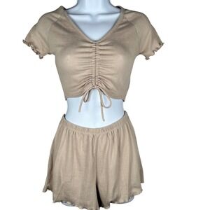 Colsie Lounge Set Crop Top Drawstring Lettuce Edge Ribbed Knit Women's XS Tan